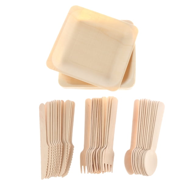 Juego de cubiertos desechables de 48 piezas, biodegradables, de madera, para cenas, ensaladas, postres, cucharas, tenedores y cuchillos, artículos para fiestas.