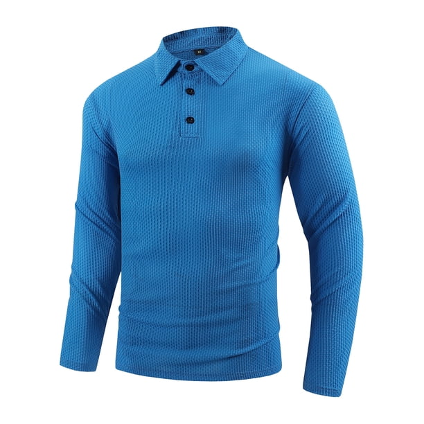 Blusa y camisa de manga larga con cuello vuelto para hombre, camisa deportiva de color liso con solapa y botones, blusa de poliéster de manga larga con solapa para hombre