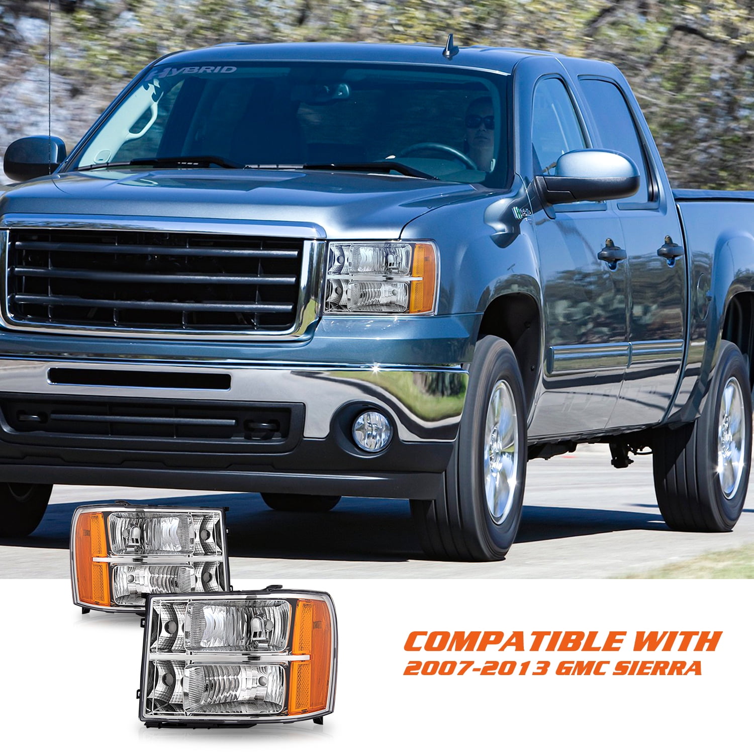 For 2007-2013 GMC Sierra 1500 2500HD 3500HD Halogen Chrome Amber Headlights L+R