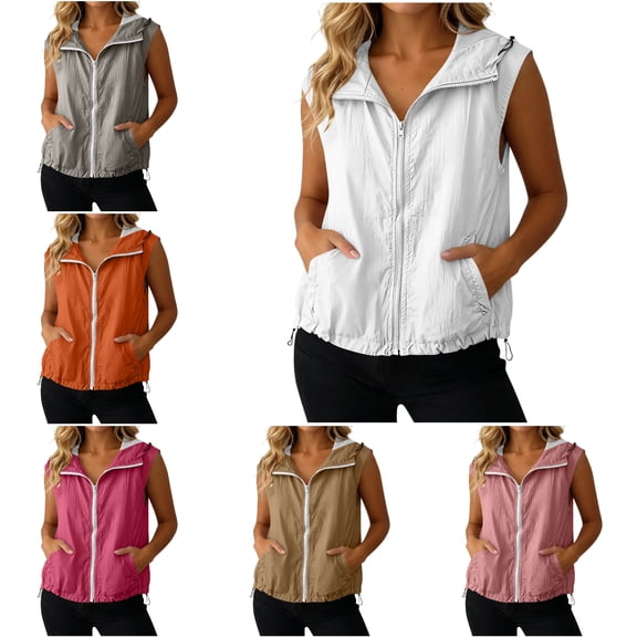 RQYYD Womens Hooded Running Vest Zip Up Sleeveless Lightweight Outdoor Windbreaker with Pockets