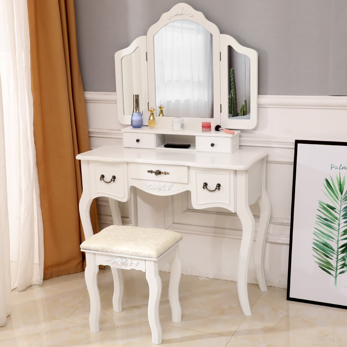 Vanity Beauty Station Makeup Tablewooden Stool 3 Mirrors And 5 Drawers Set