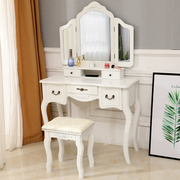 Ubesgoo Wooden Vanity Set Makeup Table Stool Set With 3 Mirrors And 5 Drawers White Walmart Com Walmart Com