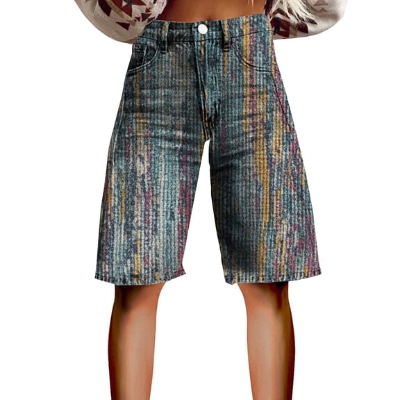 kaondbfi Denim Shorts for Women Print Like Denim Flare Jeans Stretchy Shorts with Pockets Summer Jeans for Women