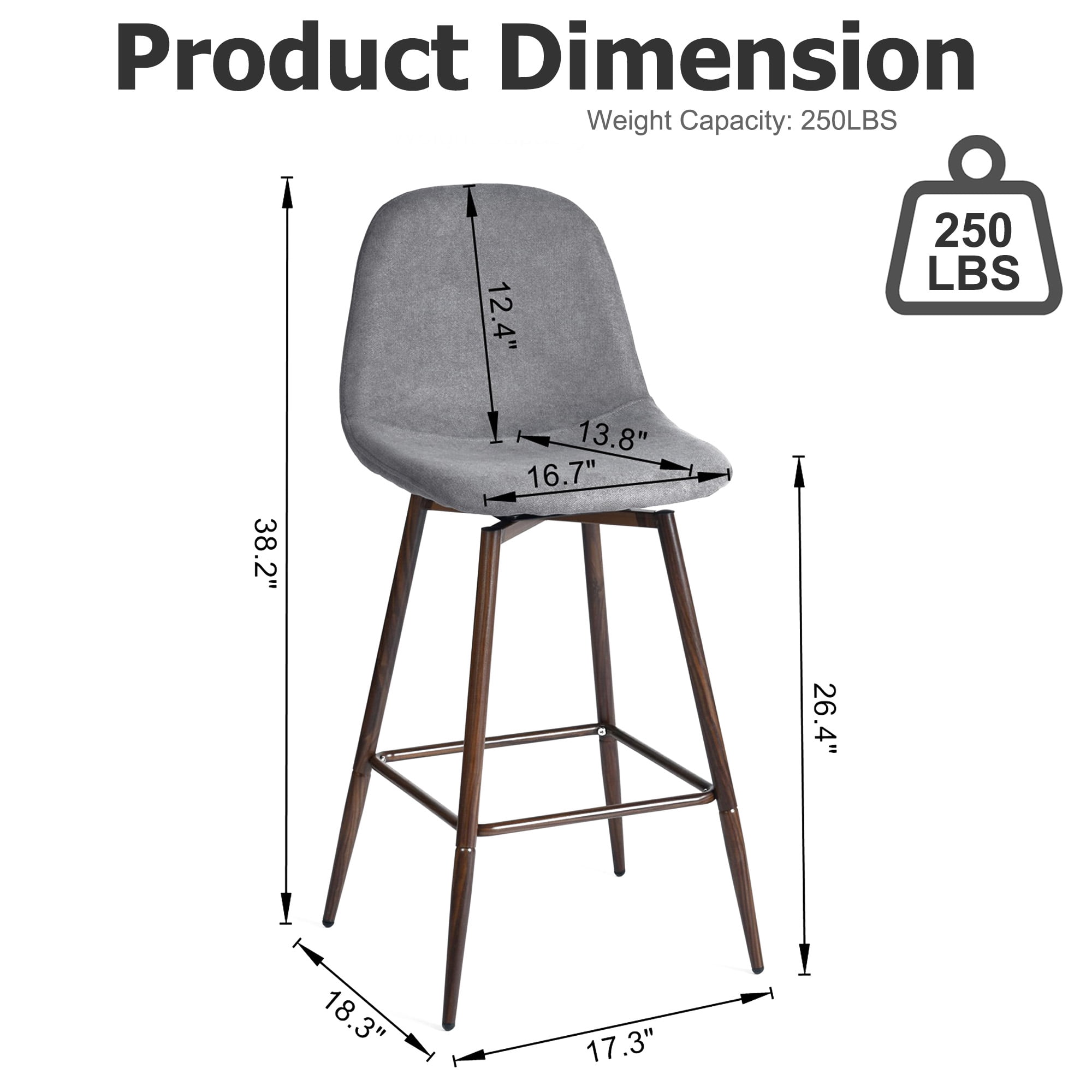 Homy Casa Set of 2 Contemporary Bar Stools, 26 in. Seat Height with Fabric Upholstery and Wooden Legs, Grey