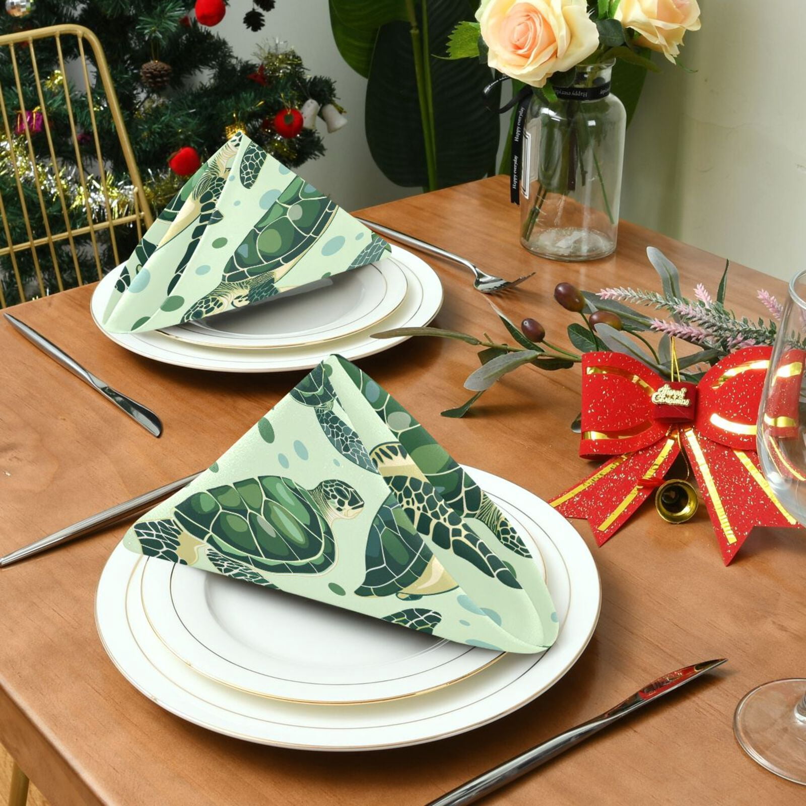 JSTEL Green Sea Turtle Bubble Cloth Napkins Set of 6, 20x20 Inch Washable and Reusable Napkin for Decoupage Dinner Party Everyday Use
