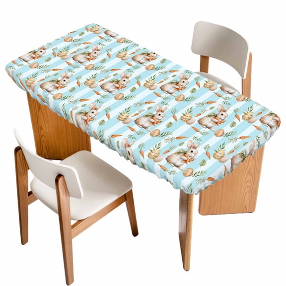 Easter Bunny Table Cloths for 4 Foot Rectangle Tables, Spring Easter Eggs Botanical Blue Striped Patio Waterproof Elastic Fitted Tablecloths, Washable Rectangular Table Cover for Camping
