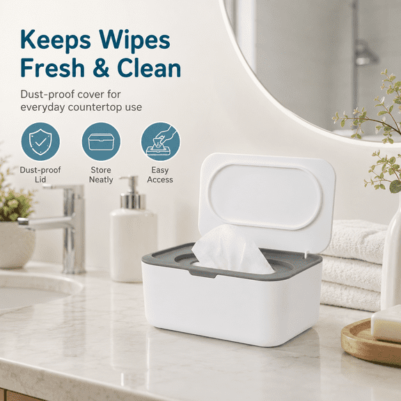 Wipes Dispenser Baby Wipe Holder, Dustproof Refillable Wipe Container Large Capacity Tissues Wipes Case with Moisture Seal Secure Lids Keeps Wipes Fresh for Home Office Bathroom (Gray)