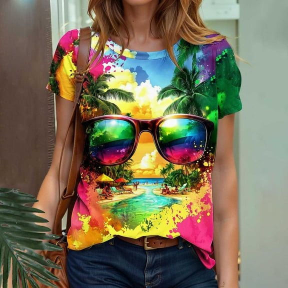 Perfectbot Blouses for Womens Crew Neck Casual Print Loose Short Sleeve Summer Shirts Size S-5XL