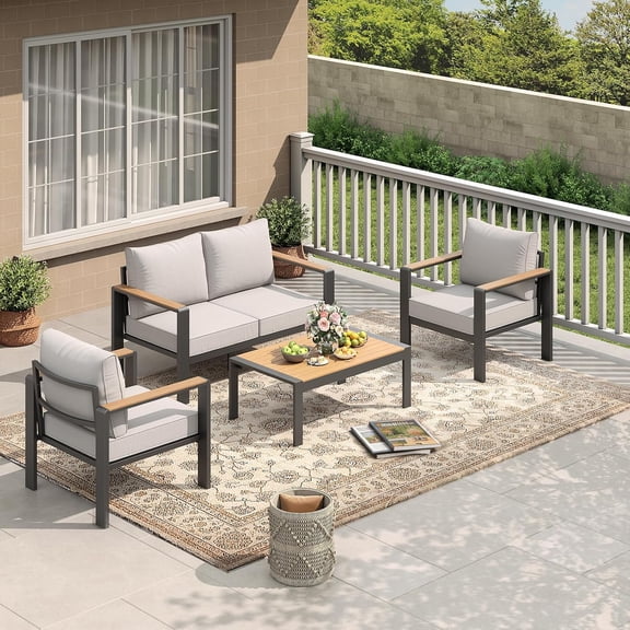 Aluminum Patio Furniture Set for 4, Outdoor Sectional Conversation Set with Thick Washable Cushions and Coffee Table, Modular Patio Sofa Seating for Porch, Balcony, Deck and Backyard,Light gray