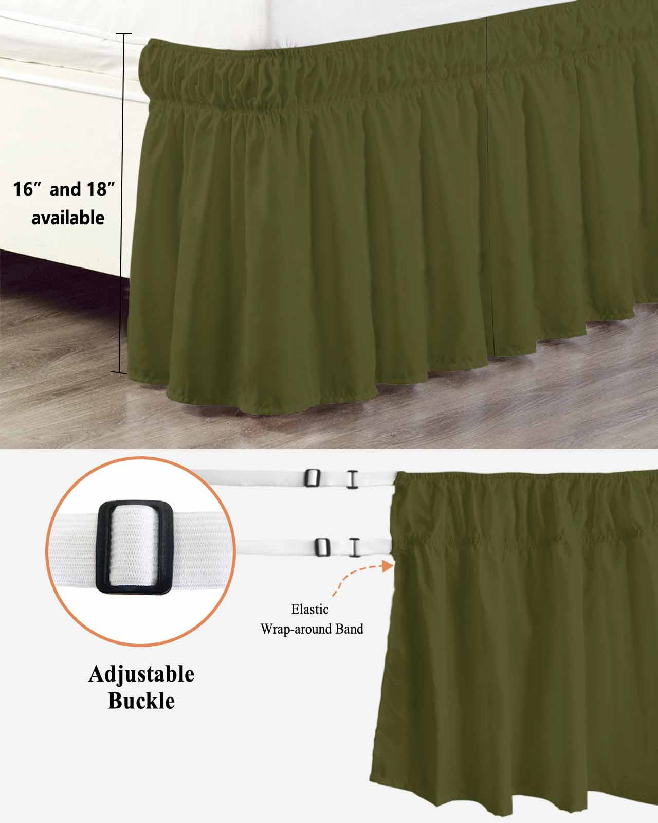 Olive Green Bed Skirt California King Size 18" Drop Solid Color Ruffled Wrap Around Bed Skirts Adjustable Elastic Bedskirt Dust Ruffle for California King Size Bed