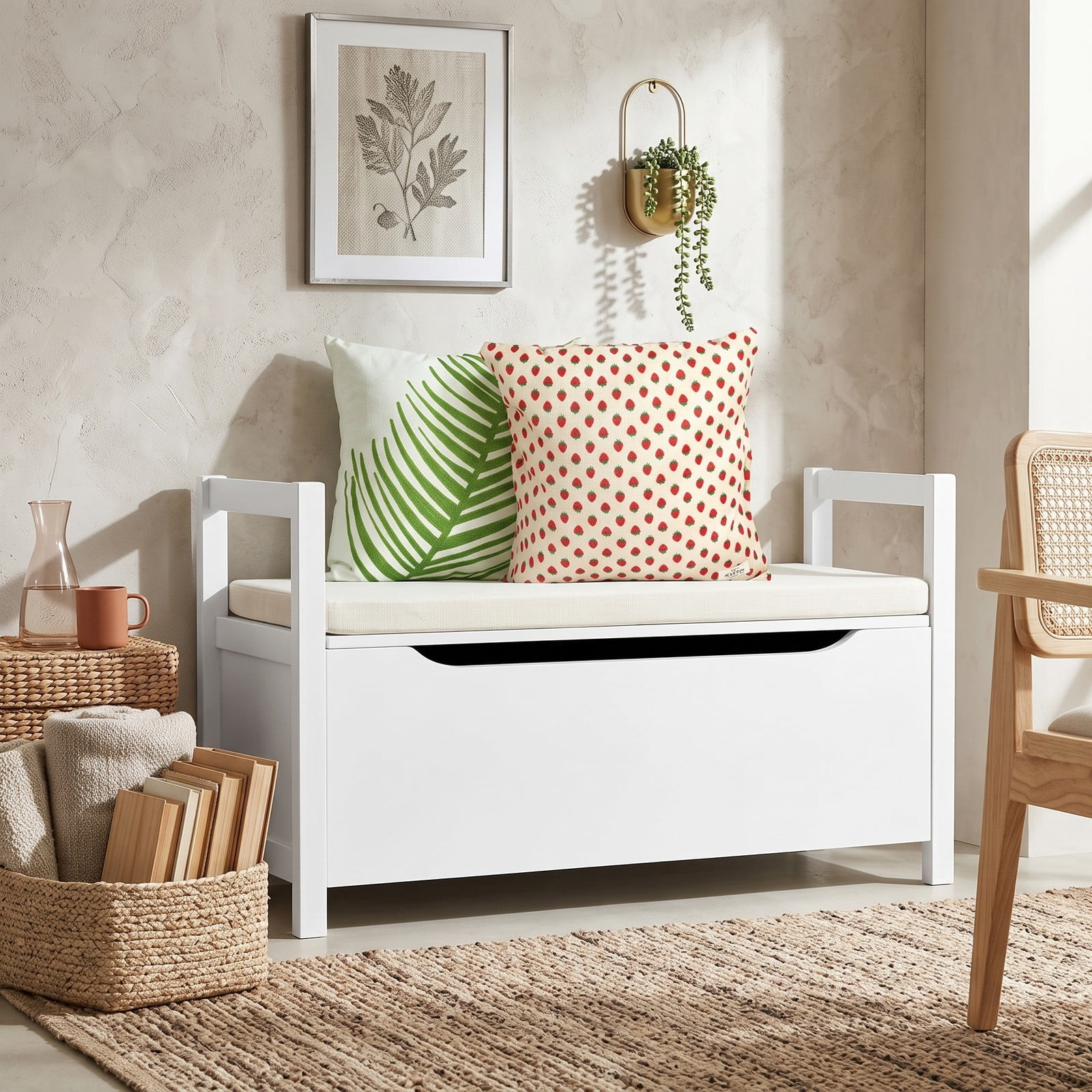 Furnibear 34.5 Inch Shoe Storage Bench with Removable Cushion Seat and Flip-Top Hidden Storage for Entryway and Hallway, White