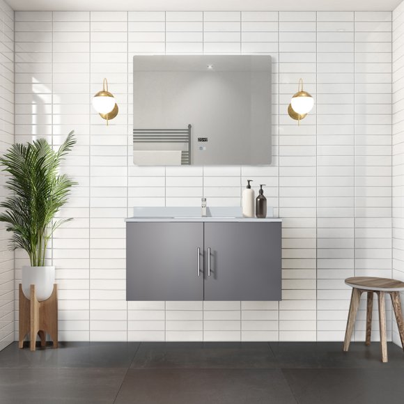 Dark Grey Bath Vanity 36 in. W x 22 in. D, White Quartz Top, and 36 in. LED Mirror
