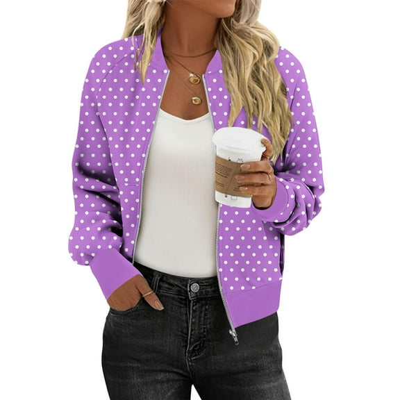 Polka Dot Zipper Jacket for Women, Long Sleeve Stand Collar Casual Jacket, Fall Active Sport Coats