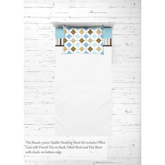 Bacati - Boys 4 pc Toddler Bedding/3 pc Sheet Set 100% Cotton Percale, Mod Diamonds Stripes, Aqua/Teal/Beige/Brown