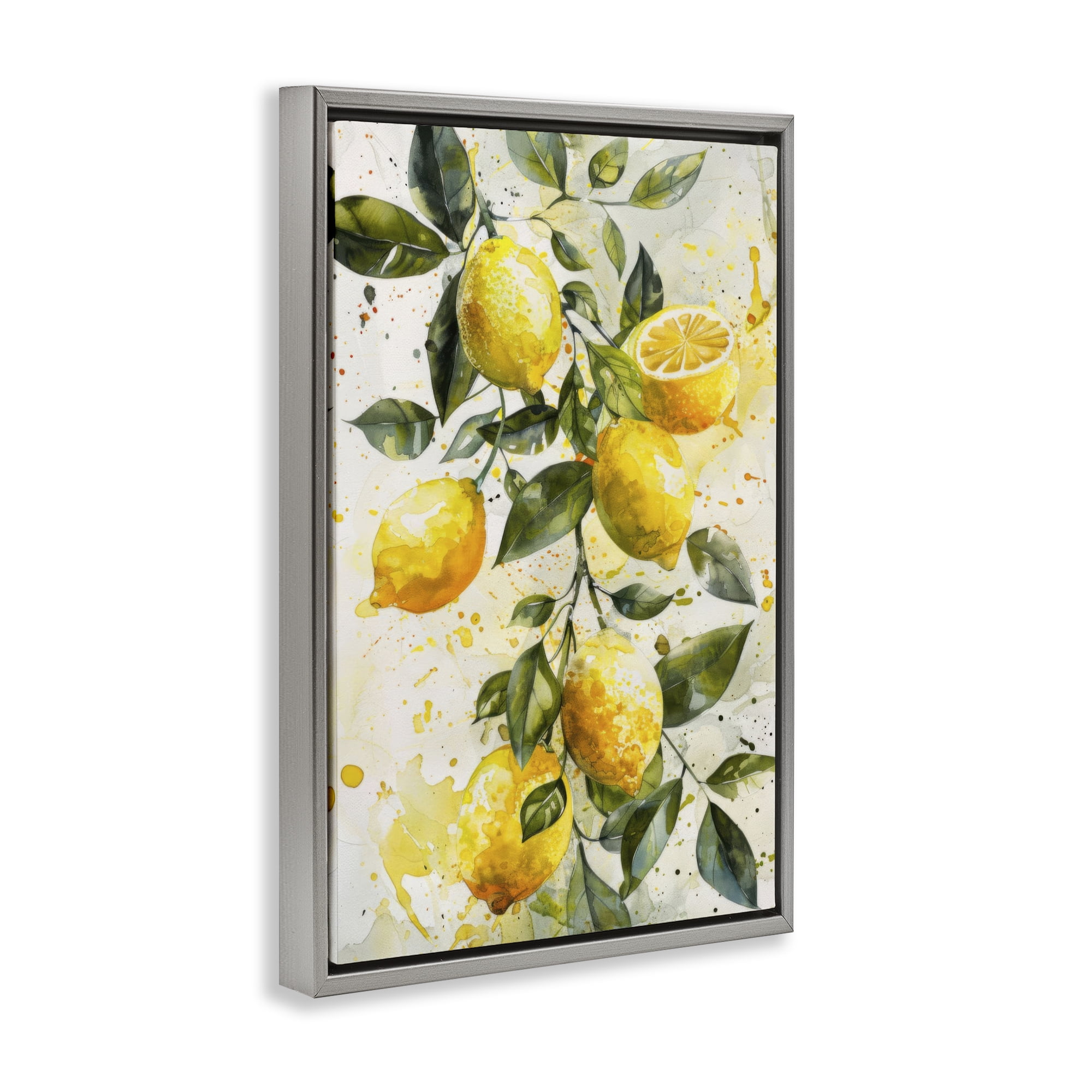Stupell Industries Lemon Watercolor Splashes Food & Beverage Painting Gray Floater Framed Canvas Art Print Wall Art, 21 x 31