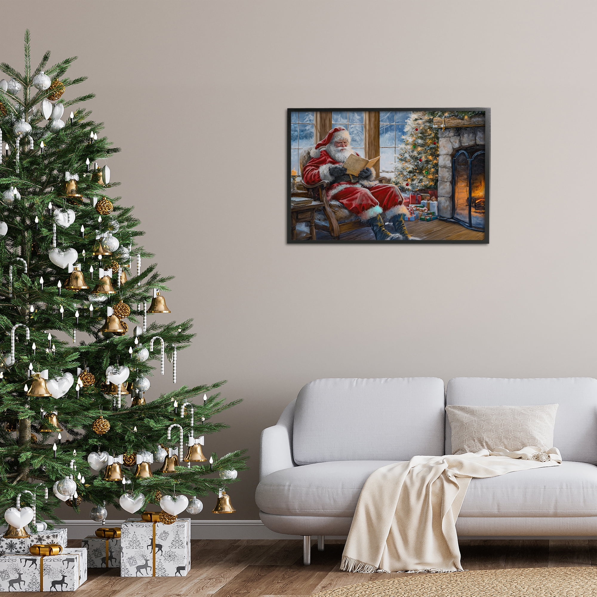 Stupell Industries Santa Reading by Fire Holiday Painting Black Framed Art Prints Wall Art, 30 x 20