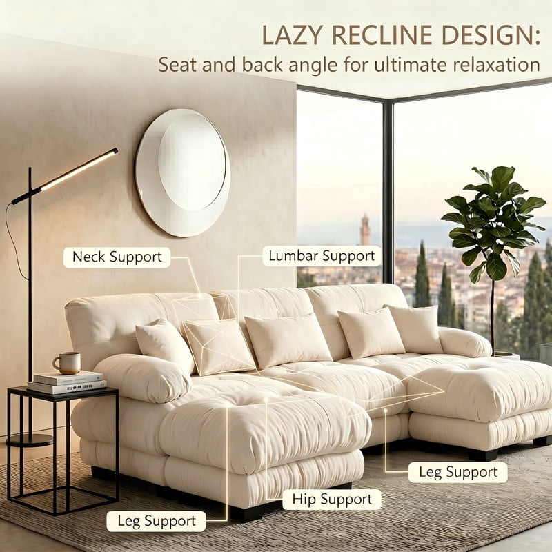 ANPPORT Cloud Couch Sleeper Sofa, Chenille Light Coffee 3-Seater Modular Sofa with 2 Ottomans, 3 Lumbar pillows,2 Pillows, Comfy Deep Seat Cloud Sofa, Convertible L-Shaped Floor Couch for Living Room