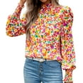 thumbnail image 4 of EFINNY Women Chiffon Broken Flowers Blouse Turtleneck Pleated Long Sleeve Shirt Top, 4 of 7