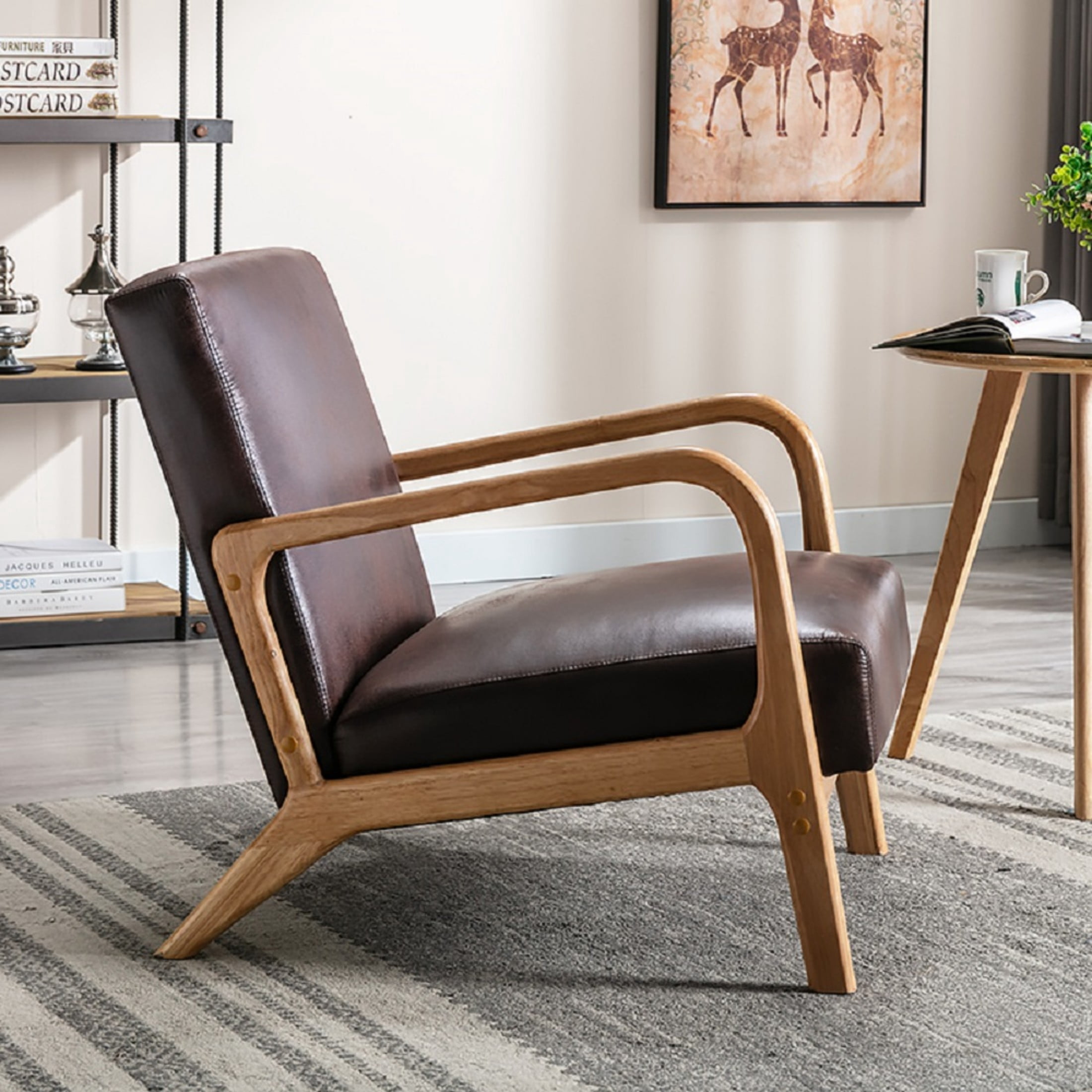 GDF Studio 32.7" Mid-Century Modern Accent Chair with Open Wood Frame, Microfiber Upholstery, Dark Brown