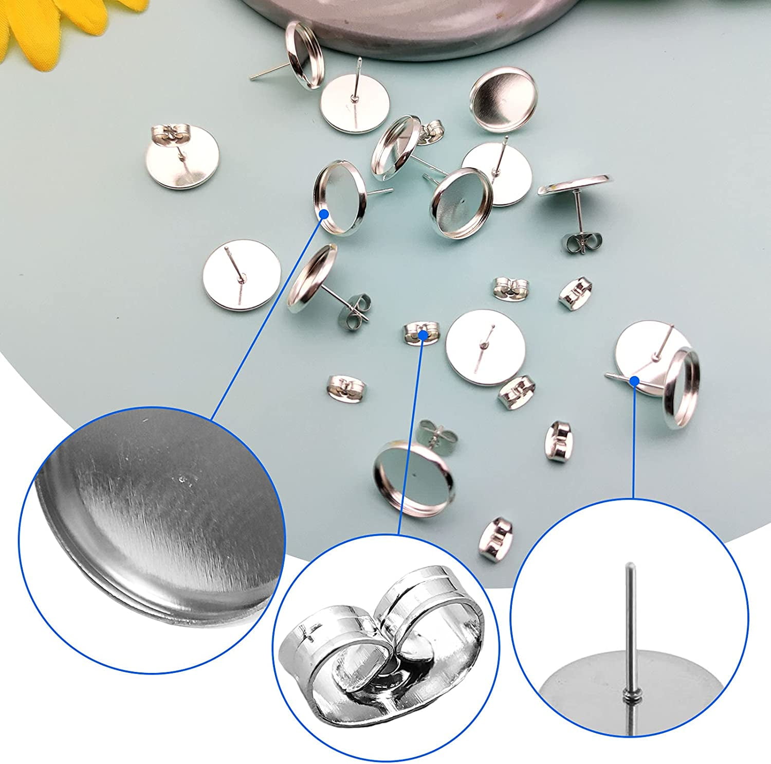 200 Pieces Sublimation Stainless Steel Blank Stud Earring Set Includes 50  Bezel Blank Setting 50 Aluminum Sheets with 50 Glues 50 Glass Discs for DIY
