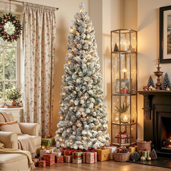 Alupssuc 7.5ft Prelit Snow Flocked Artificial Pencil Christmas Tree with Warm White Lights, Full Branch Tips, Perfect Choice Decoration for Xmas Holiday
