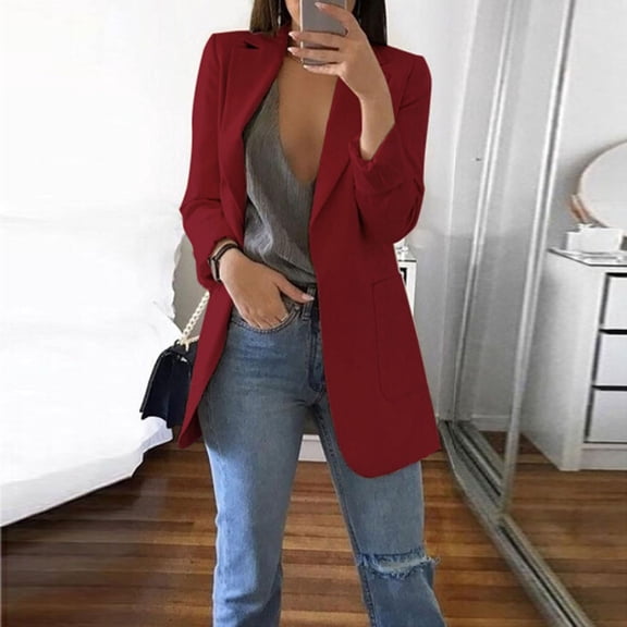 AGWOLF Casual Blazer for Women Comfy Open Front Long Sleeve Jackets Plus Size Lapel Slim Suit Jacket Work Office Cardigan Coat