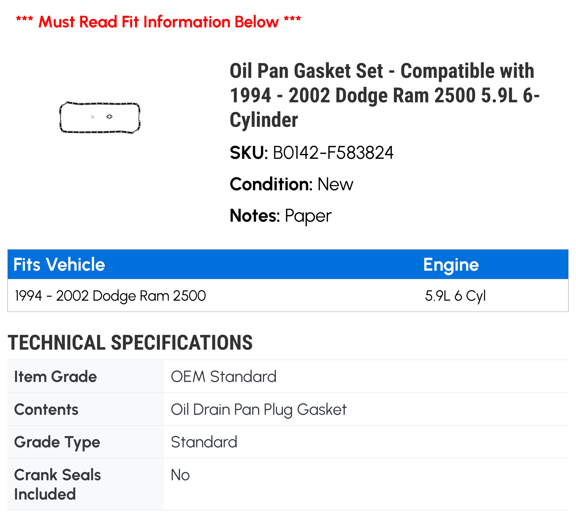 Oil Pan Gasket Set - Compatible with 1994 - 2002 Dodge Ram 2500 5.9L 6-Cylinder 1995 1996 1997 1998 1999 2000 2001