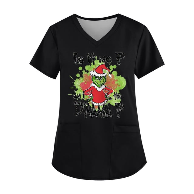 MIARHB Uniforme de Enfermera Navideño de Talla Grande con Estampado Navideño, Uniforme de Trabajo, Tops para Mujer, Cuello en V Cruzado, Camisetas de Manga Corta con Estampado Navideño y 2 Bolsillos,
