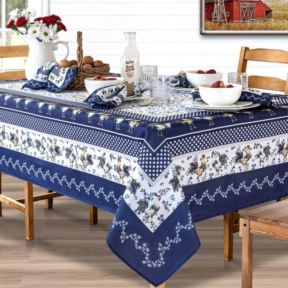 Rectangle Fabric Tablecloth, 60 x 120 Inch, Blue Provence Rooster