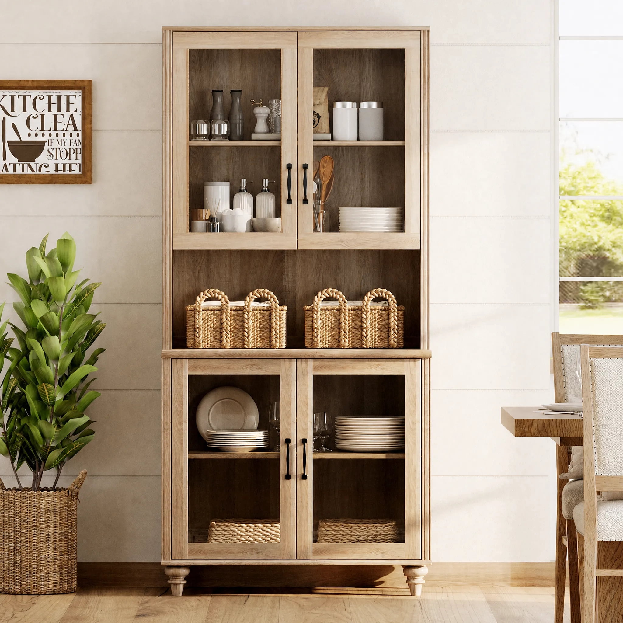 Sideboard Buffet Cabinet with Storage, Morden Bookcase with Adjustable Shelf and Glass Doors, Farmhouse Wooden Bookshelves for Living Room, Office, Study Room, Kitchen, Oak, 72" H