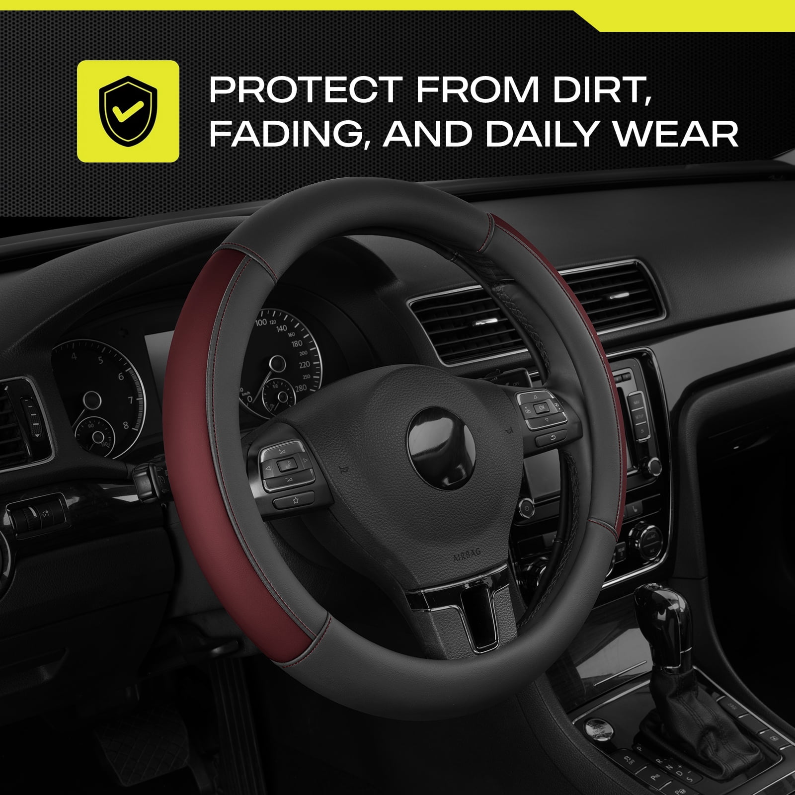 Auto Drive Steering Wheel Cover, Two-Tone Leather Steering Wheel Cover, Non-Slip Car Steering Wheel Cover Protector, Universal Fit for Cars SUV Truck, Fits 14.5"–15",Red