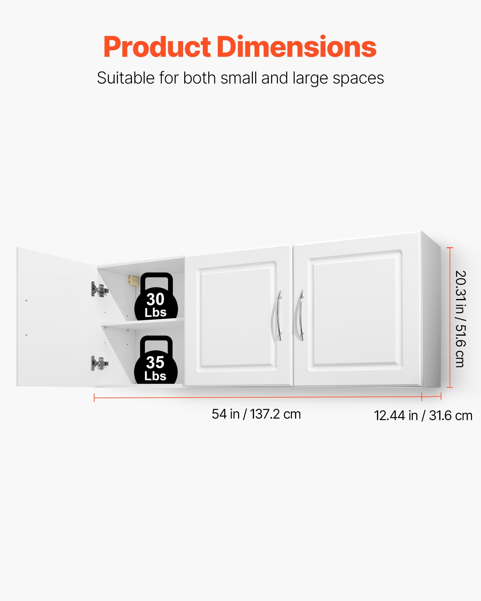 VEVOR Laundry Room Wall Cabinet, 2-Tier Wall Mounted Hanging Cabinet with Adjustable Shelf, Cupboard Storage with 3 Doors, for Kitchen, Bathroom, Laundry, 12.44 x 54 x 20.31 in (D x W x H), White