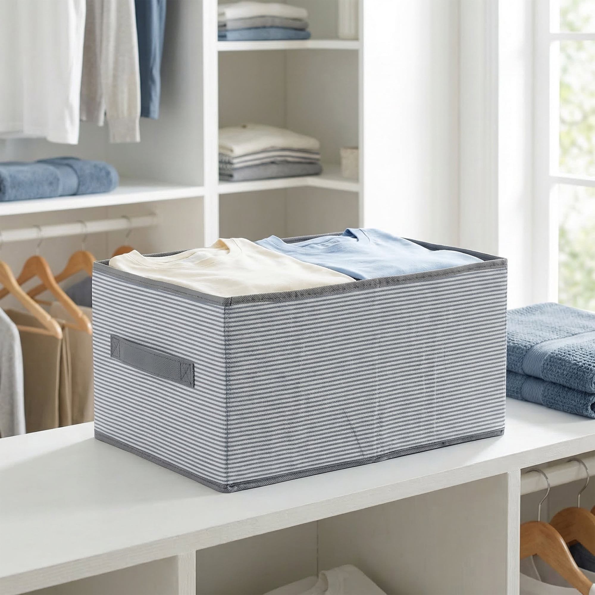 Unique Bargains 3pcs Fabric Storage Bin with Stripe Grey 15.7*10.6*8.3in