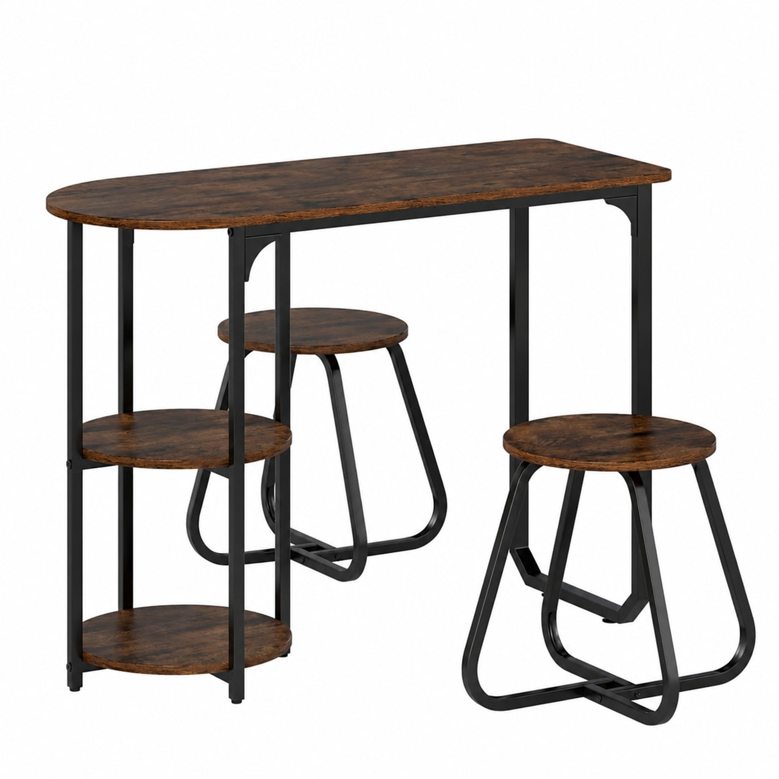 Furnibear 3 Piece Industrial Dining Table Set for Small Space with 2 Stools and Side Shelves for Kitchen and Apartment, Rustic Brown
