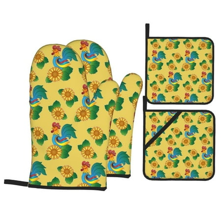

Oven Mitts and Pot Holders 4 Piece Roosters And Sunflowers High Heat Slip Resistant Oven Mitt and Trivets Set Kitchen Oven Glove Pot Holders for Cooking Baking Grilling