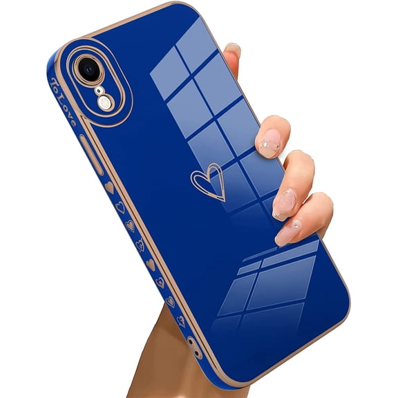 for iPhone XR Case Love Heart Plating Electroplate Luxury Elegant Case Camera Protector Soft TPU Shockproof Protective Corner Back Cover iPhone XR Case -Blue