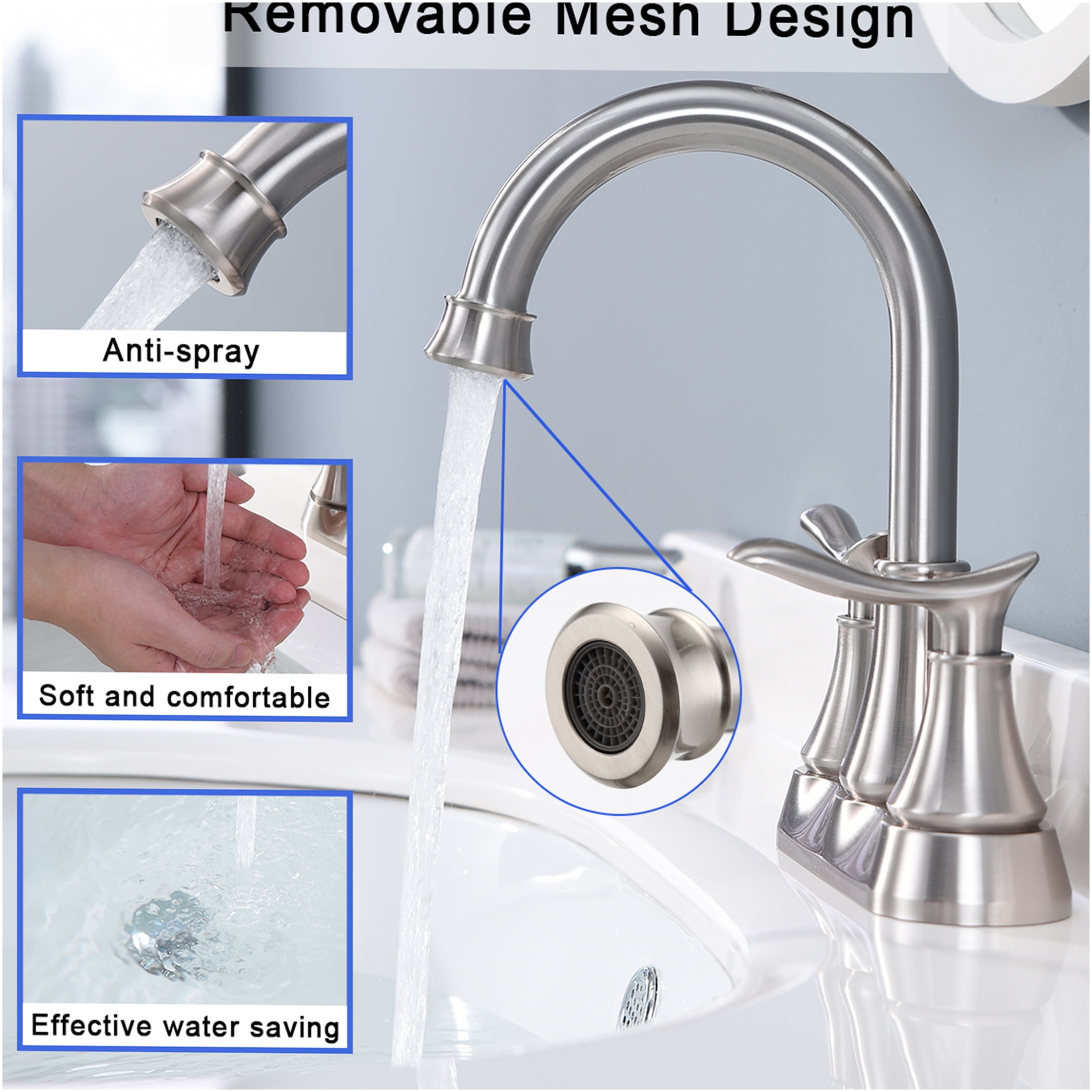 JERFIT 4 inch Centerset Bathroom Faucet with Pop-Up Drain, Brushed Nickel 2-Handle Vanity Sink Faucet, Solid Brass Construction, Easy DIY Installation