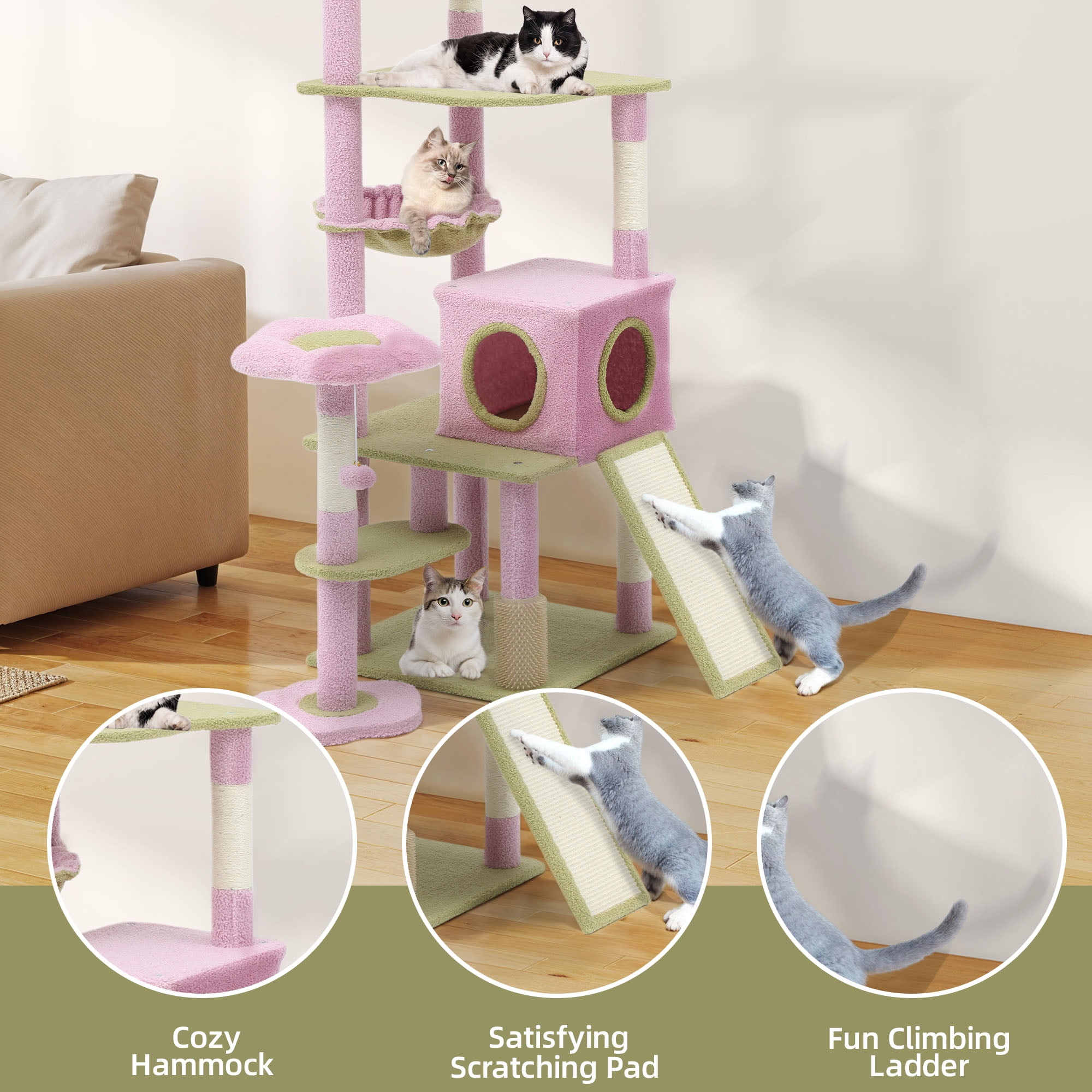 Uforic 61" Large Flower Cat Tree Tower with Hammock, Sisal Scratching Posts and Cat Scratched Board, Pink & Green
