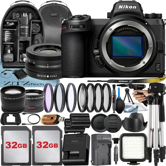 Nikon Z7 II Mirrorless Camera with NIKKOR Z DX 16-50mm VR Lens + 2 Pack 32GB Card + Case + Tripod + ZeeTech Accessory Bundle