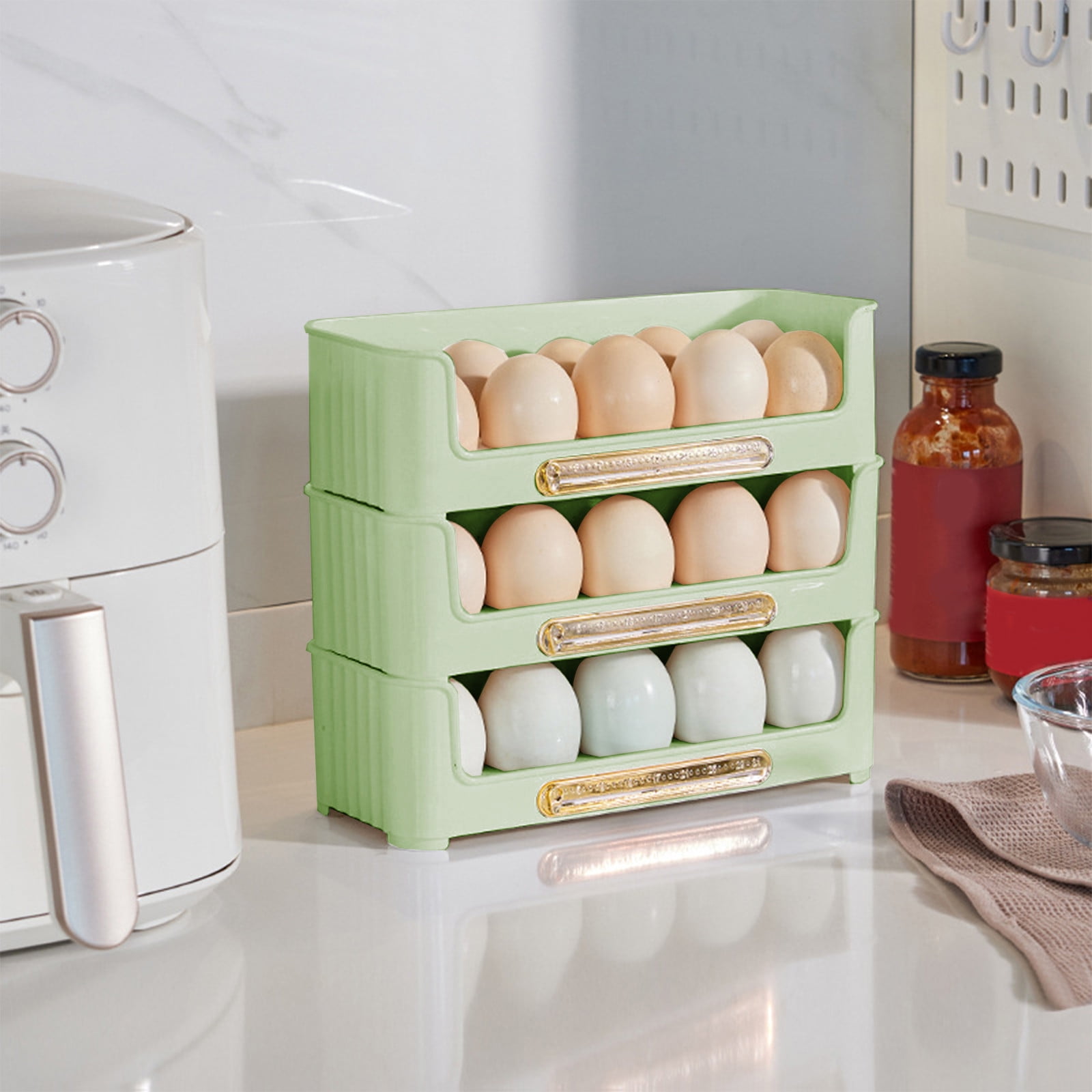 LACKUST 3-Tier Stackable Egg Organizer for Refrigerator Side Door with Date Tracker, Space Saving Fridge Organization, BPA Free Plastic Holder Holds 30 Eggs, Light Green