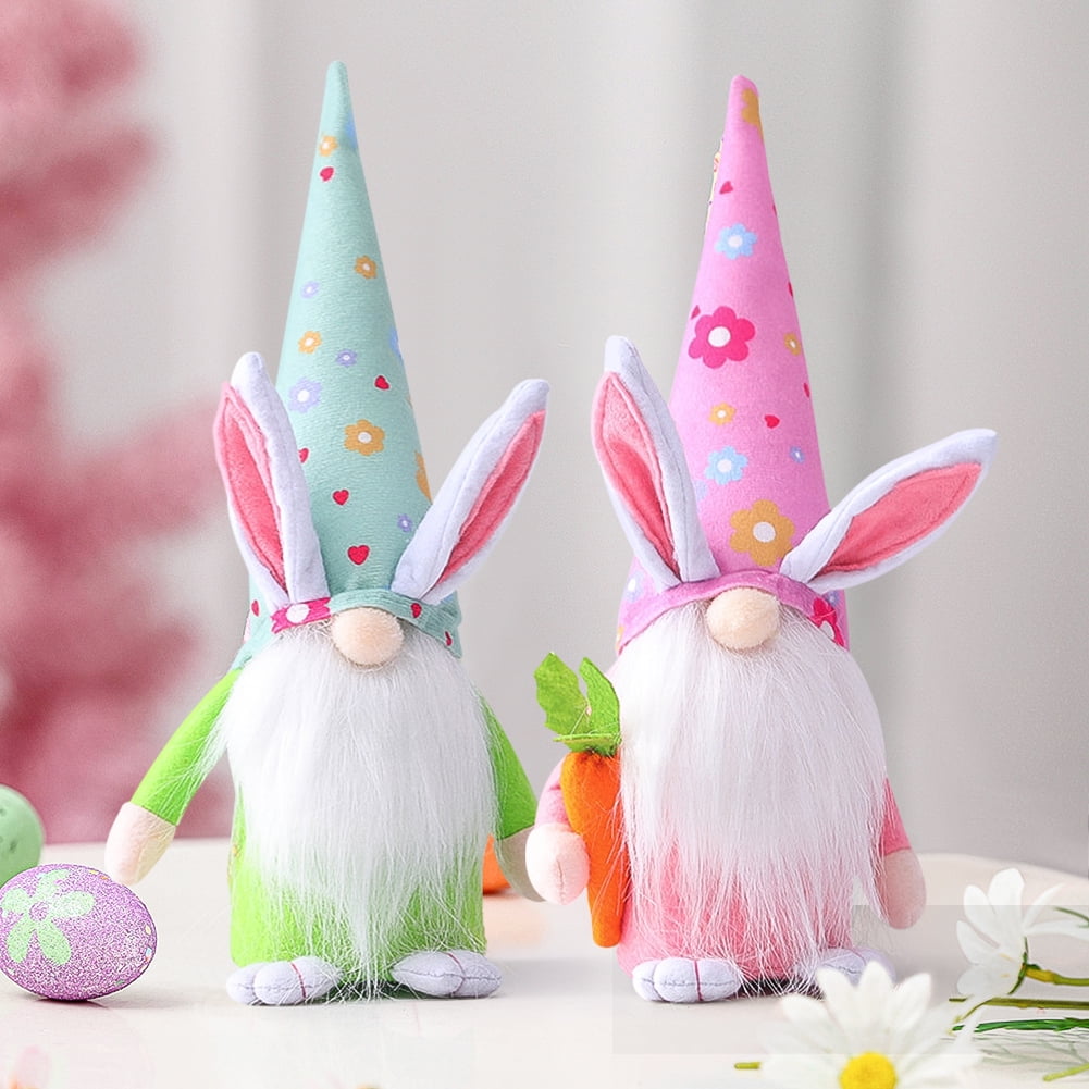 Kepooman 2 Pcs Kids 13" Long Hat Faceless Bunny Doll for Decor Gifts, Pink + Green