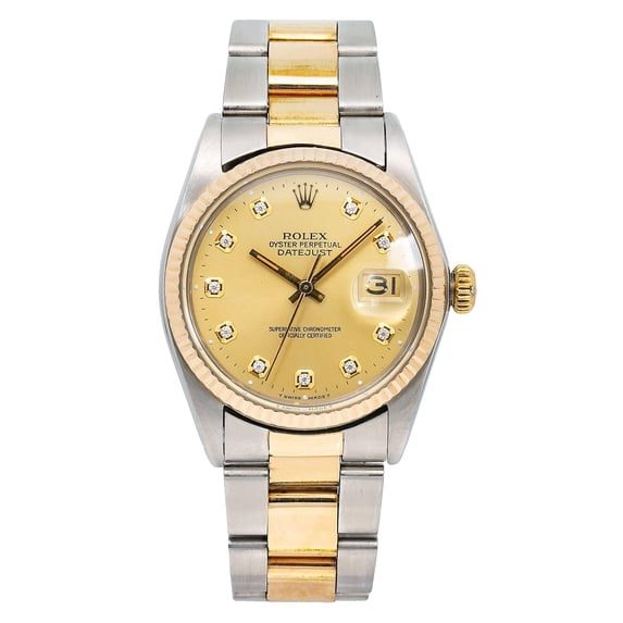 Pre-Owned Rolex Datejust 36MM 16013 Champagne Diamond Dial Fluted Bezel Two Tone Yellow Gold Oyster Bracelet