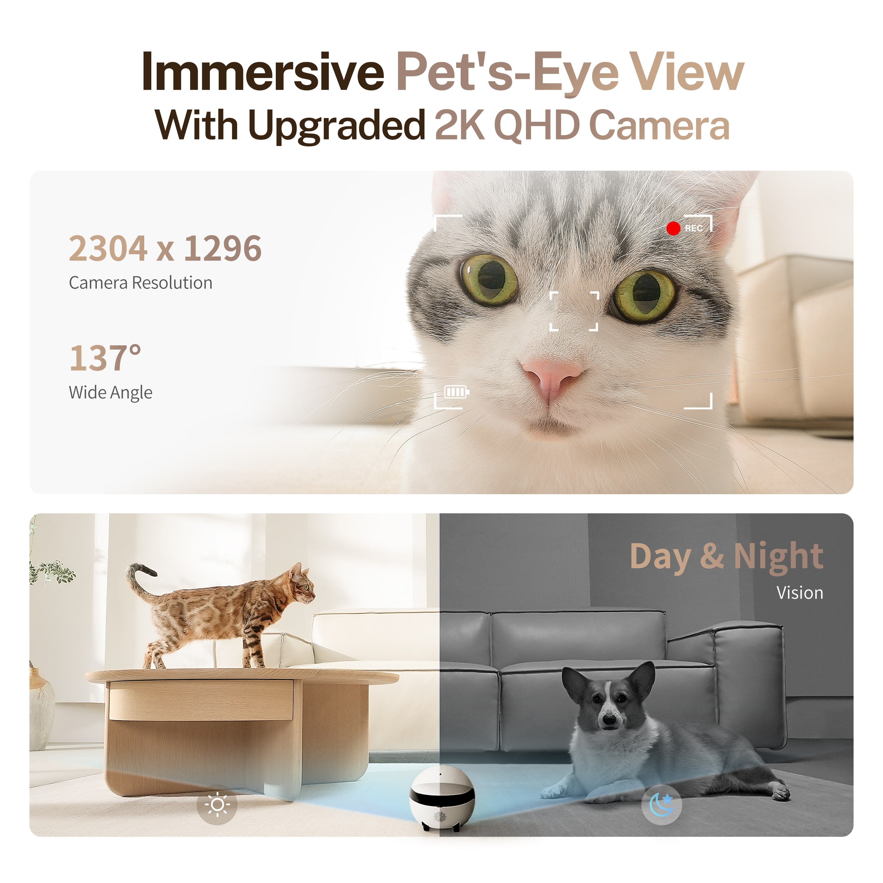 Enabot ROLA Mini 2K Pet Camera Robot: Movable Indoor Camera Battery-Powered with Phone App, One-Touch Call, 2-Way Talk, IR Night Vision, Motion Detection, Video Recording