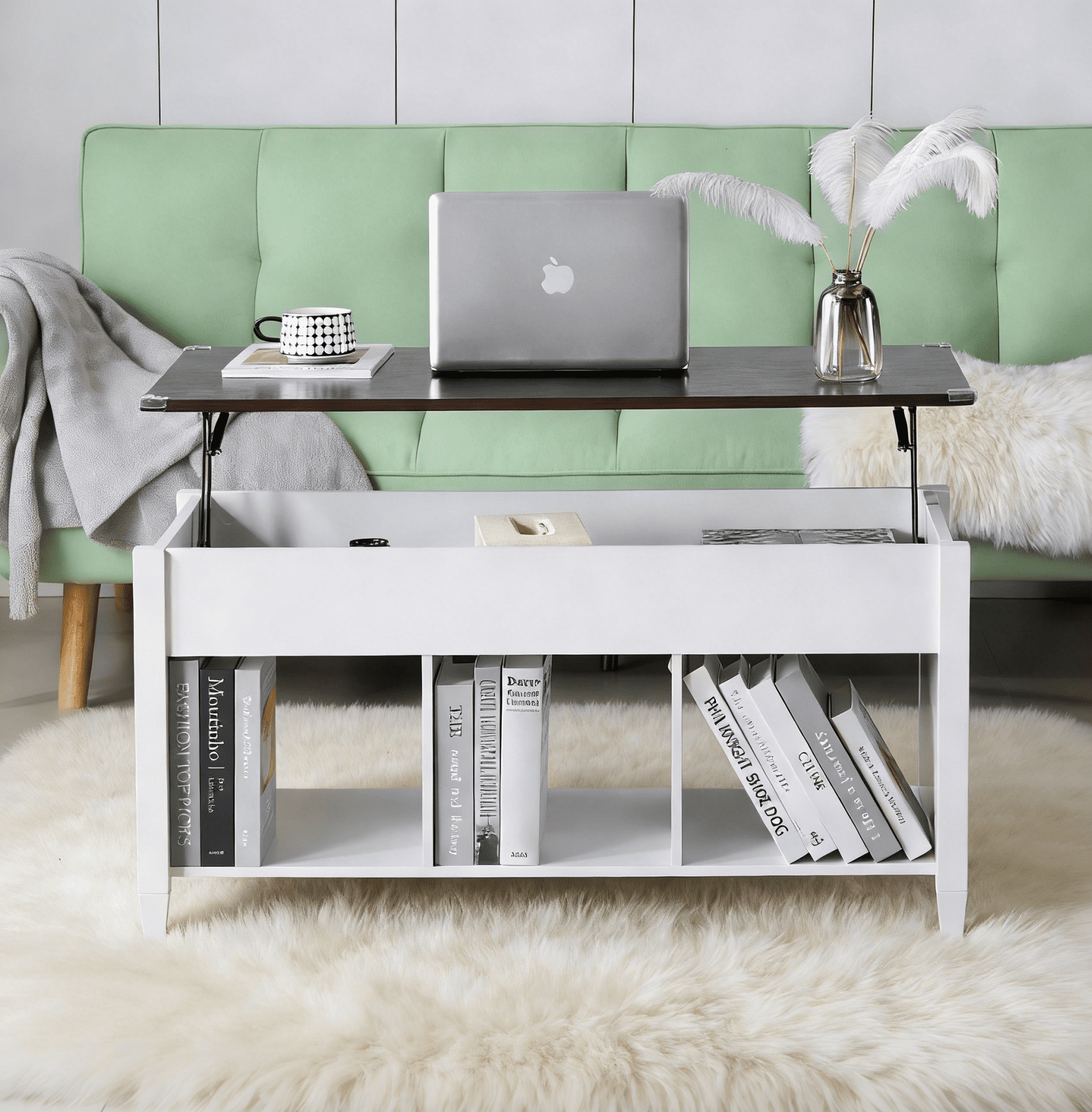 Ktaxon Mid-Century Lift Top Coffee Table, Multi-Functional Lift Tabletop Center Table for Living Room with Hidden Storage Compartment & 3 Cube Shelves, White & Dark Brown