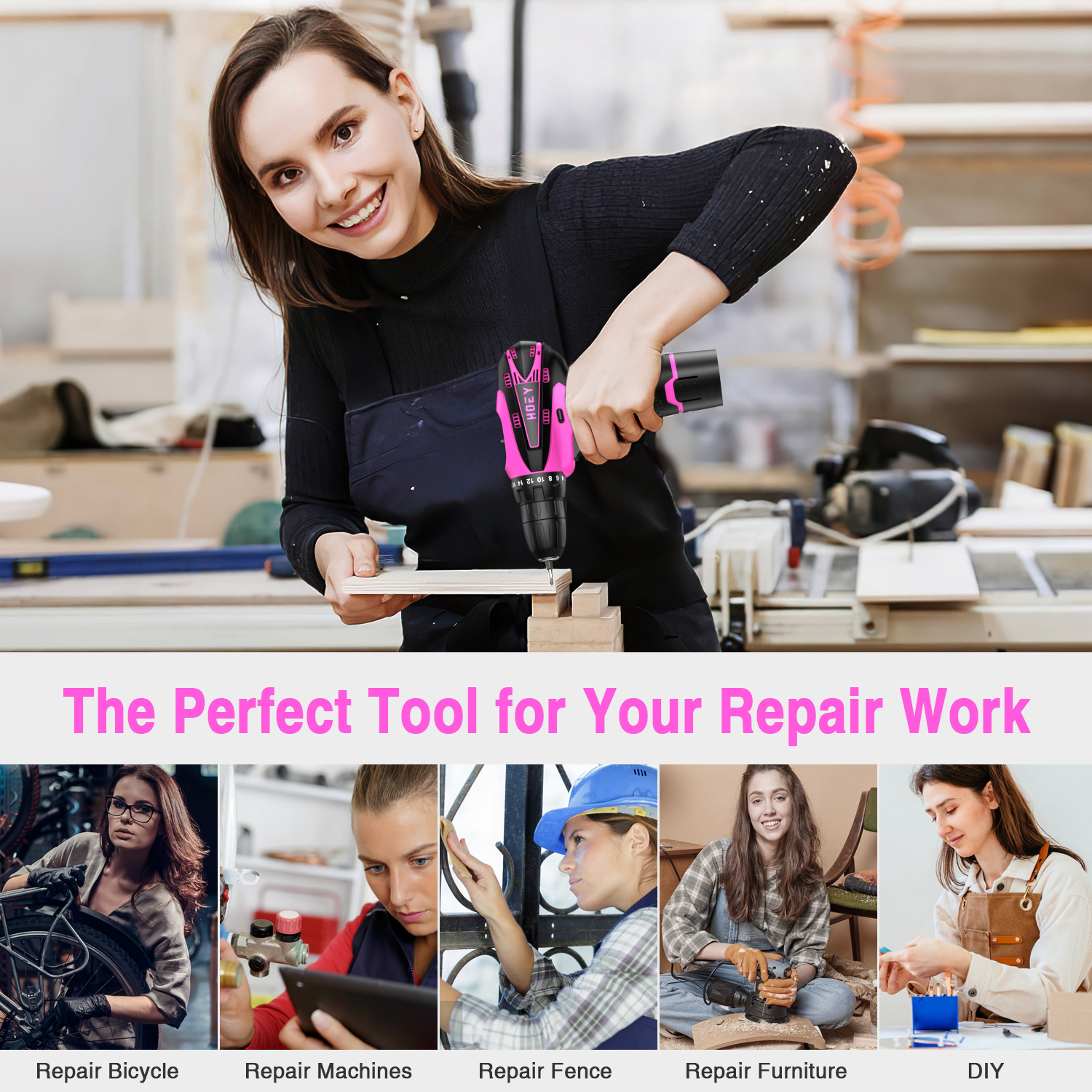 Hoey 12V Cordless Drill Kit, Pink, Lightweight for Women photo 4