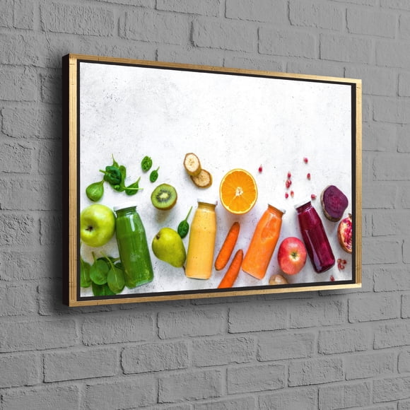 Art Mural Moderne Coloré Présentant des Fruits et Légumes 3D, Déco de Cuisine sur Toile Encadrée, Idéal pour une Touche Unique dans Votre Espace de Cuisson