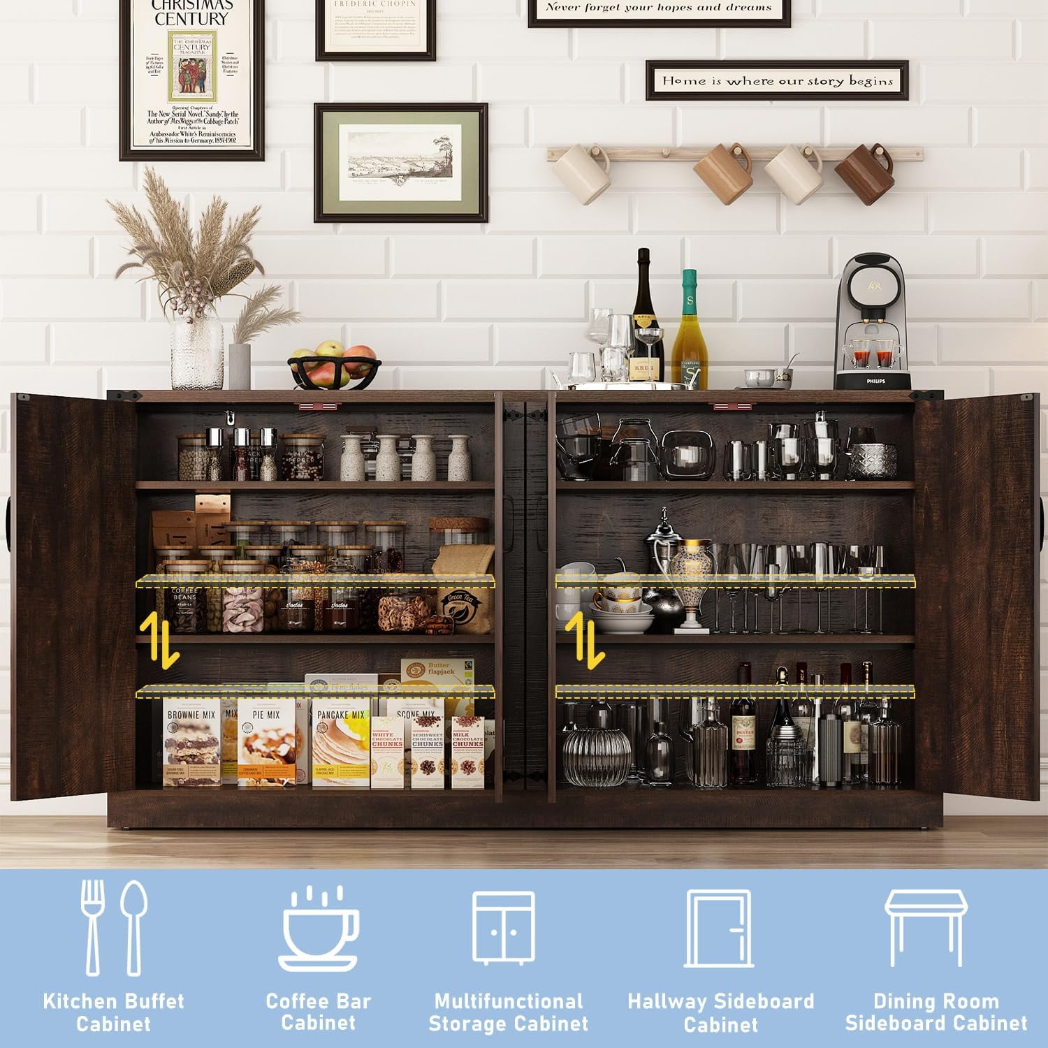 65" Large Farmhouse Buffets Cabinet w/Storage, 4 Barn Doors Coffee Bar Cabinet with Adjustable Shelves, Wood Sideboard Cabinet with Storage for Kitchen, Dining Room, Living Room, Brown