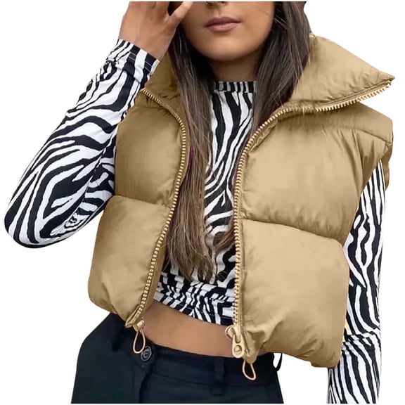 Black and Friday Clothing Sales Idoravan Quilted Vests for Women Clearance Women's Winter Crop Lightweight Sleeveless Warm Outerwear Vest Padded Gilet Tops Coat Khaki XXL