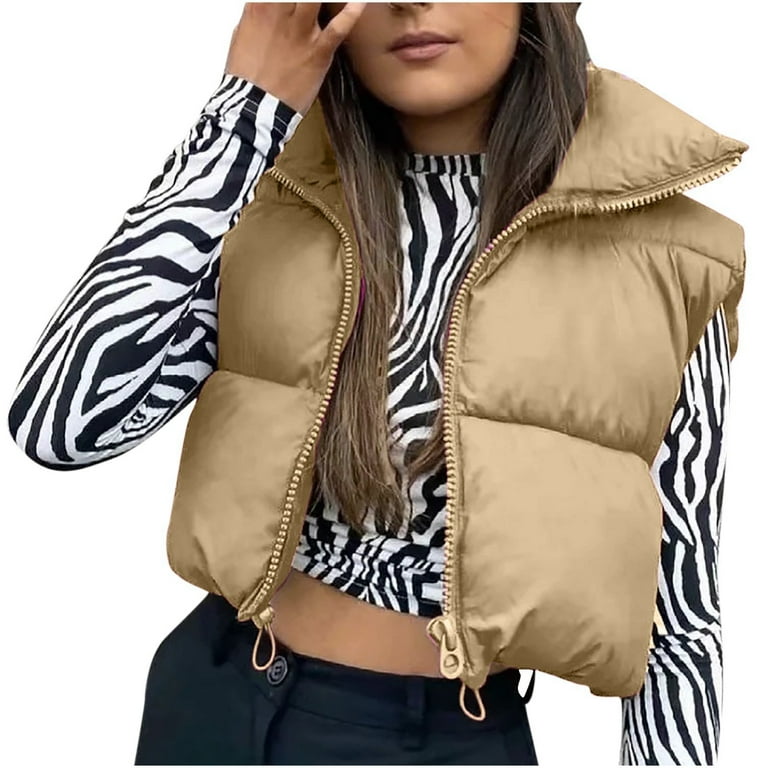 jsaierl Cropped Puffer Vest Women Full Zip Sleeveless Padded Jacket Solid  Color Stand Collar Down Top Outwear 