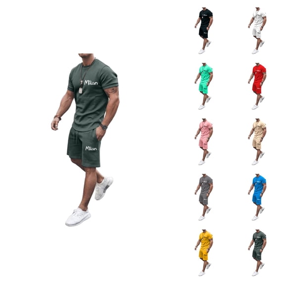 Milan Letter Graphic Short Sets for Men Crewneck T Shirt and Shorts 2 Piece Matching Set Mens Summer Outfits